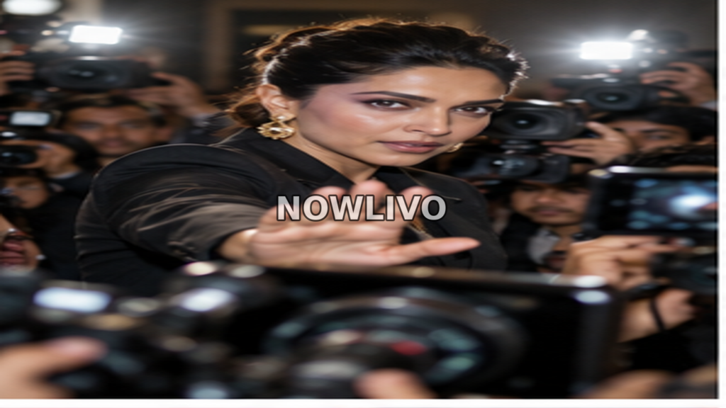 Glamorous celebrity figure raising a hand toward cameras and paparazzi at a crowded press event.