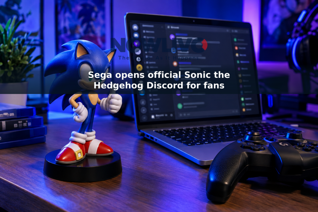 Sonic the Hedgehog figurine beside a laptop displaying a generic community chat interface and a game controller.