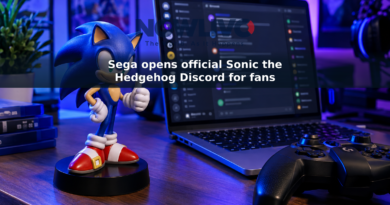 Sonic the Hedgehog figurine beside a laptop displaying a generic community chat interface and a game controller.