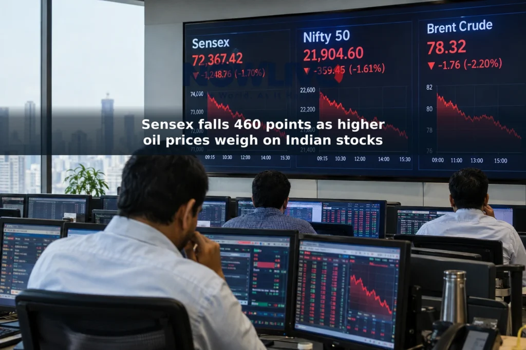 Trading screens show falling Sensex and Nifty charts alongside a crude oil price display.
