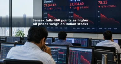 Trading screens show falling Sensex and Nifty charts alongside a crude oil price display.