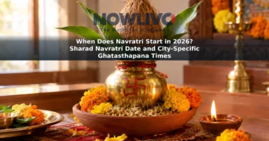 A Navratri kalash with leaves and a coconut, surrounded by marigolds, sown grains and a lit diya.