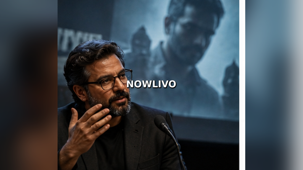 Editorial illustration of a commentator reviewing a movie at a press event