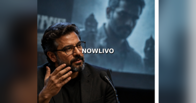 Editorial illustration of a commentator reviewing a movie at a press event