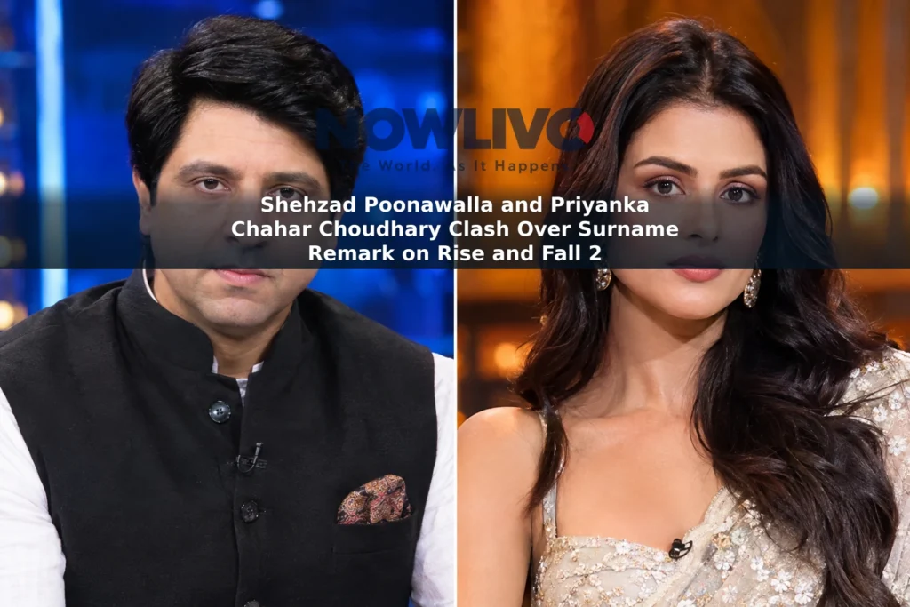 Editorial split-panel portrait of Shehzad Poonawalla and Priyanka Chahar Choudhary.