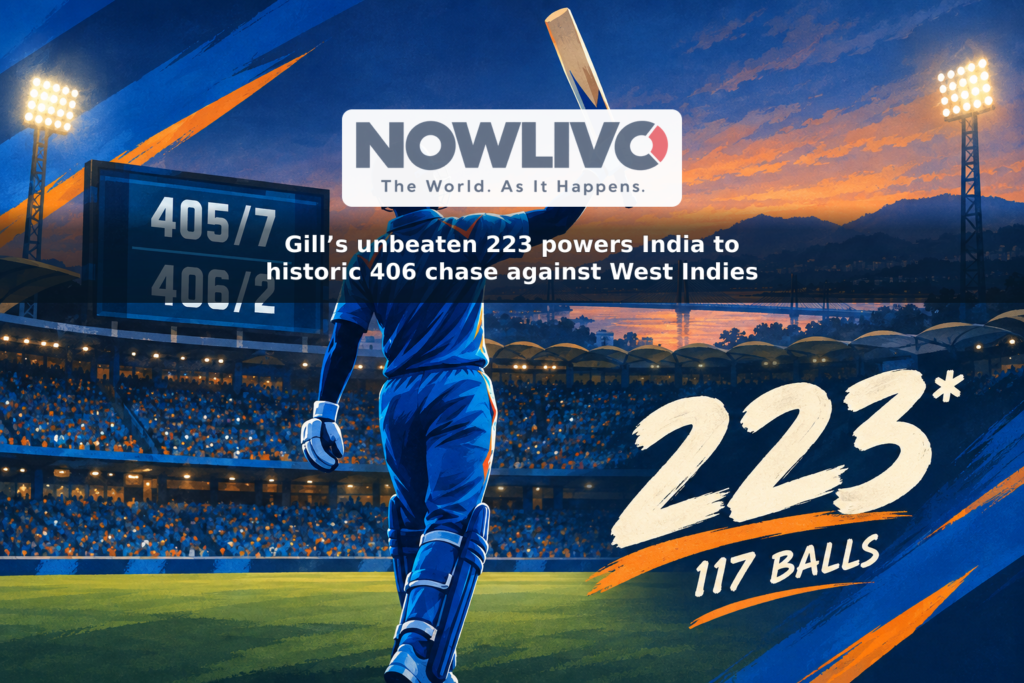 Conceptual cricket illustration showing an anonymous batter and scoreboard figures of 405/7, 406/2 and 223 not out.