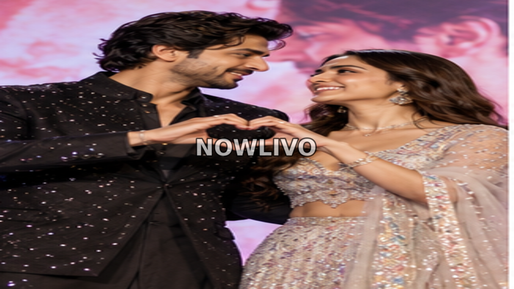 Stylish South Asian film-promotion couple posing on stage and forming a heart shape with their hands.