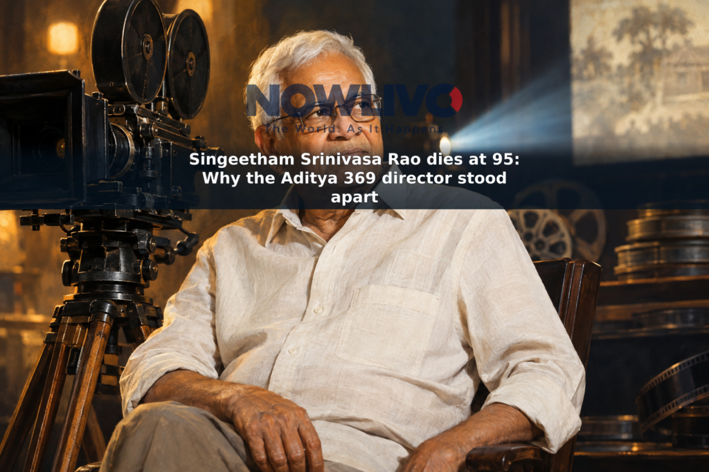 Commemorative painted portrait of filmmaker Singeetham Srinivasa Rao beside a vintage film camera.