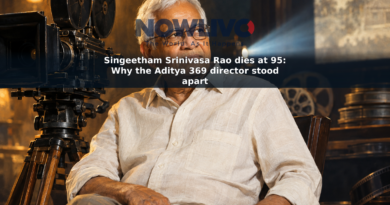 Commemorative painted portrait of filmmaker Singeetham Srinivasa Rao beside a vintage film camera.