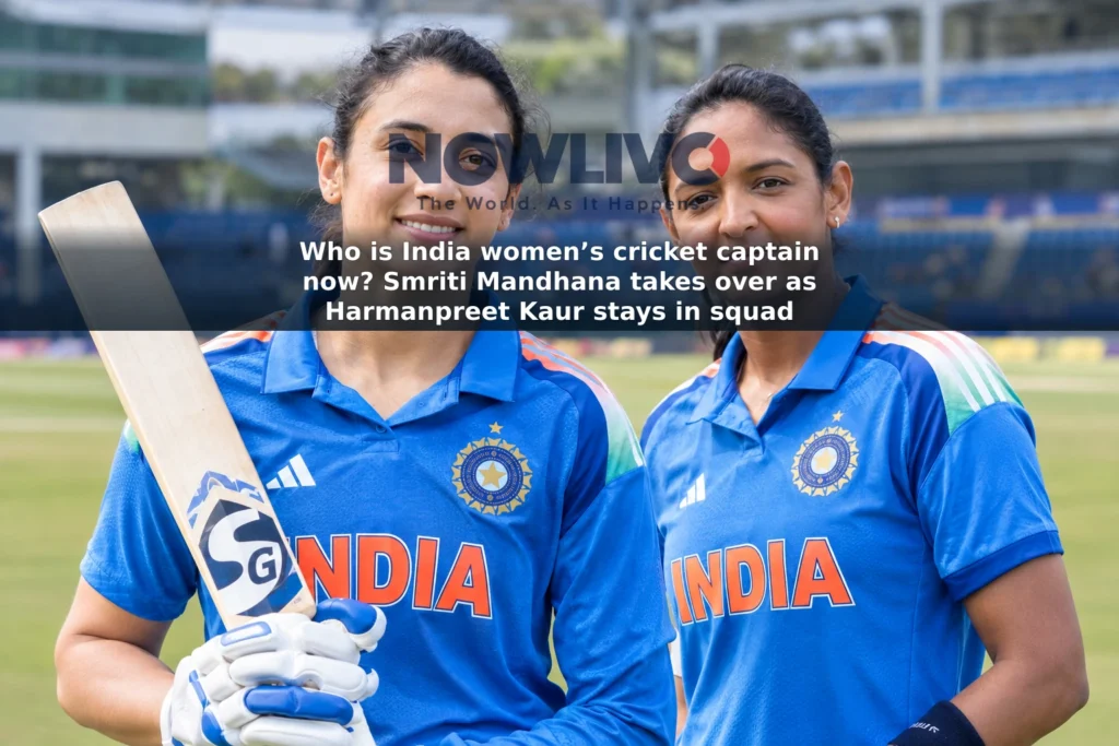 Editorial-style image of Smriti Mandhana and Harmanpreet Kaur together at a cricket ground in India blue uniforms