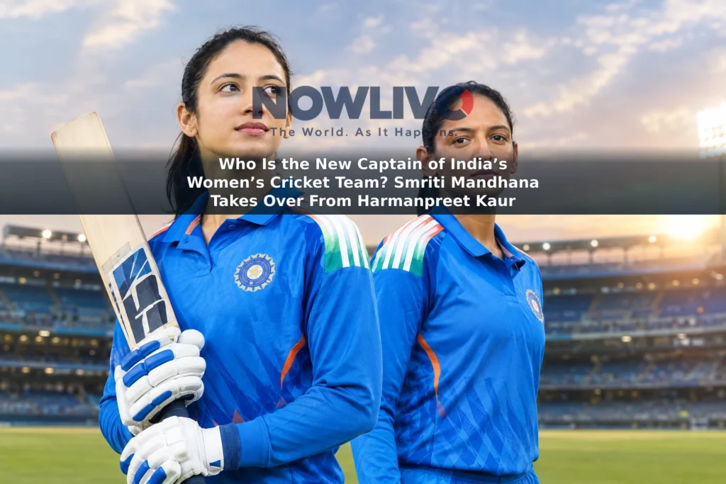 Editorial-style portrait of Smriti Mandhana in the foreground with Harmanpreet Kaur behind her against a cricket stadium backdrop.