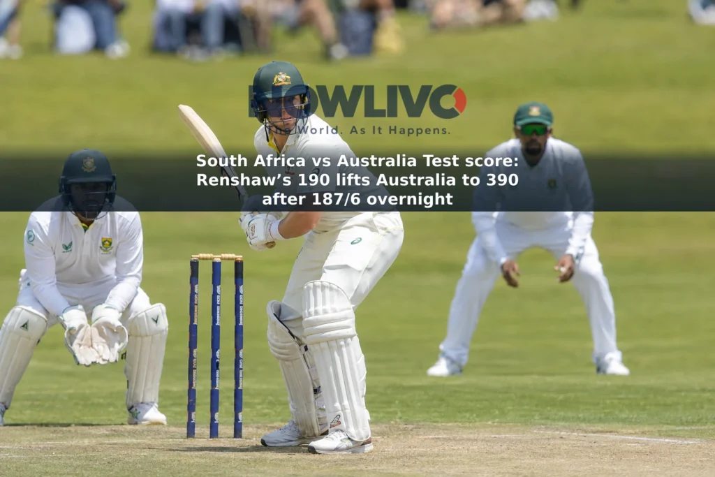 Editorial-style image of an Australian batter at the crease with South African fielders at Kingsmead in Durban