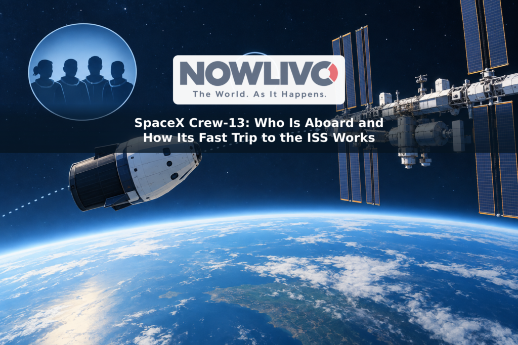 Conceptual illustration of a crew capsule following a dotted orbital path toward the International Space Station above Earth, with a clock motif and four abstract crew silhouettes.
