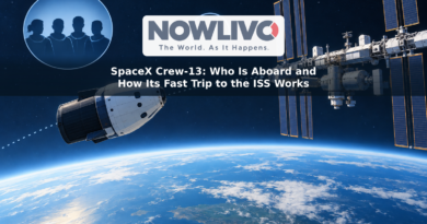 Conceptual illustration of a crew capsule following a dotted orbital path toward the International Space Station above Earth, with a clock motif and four abstract crew silhouettes.