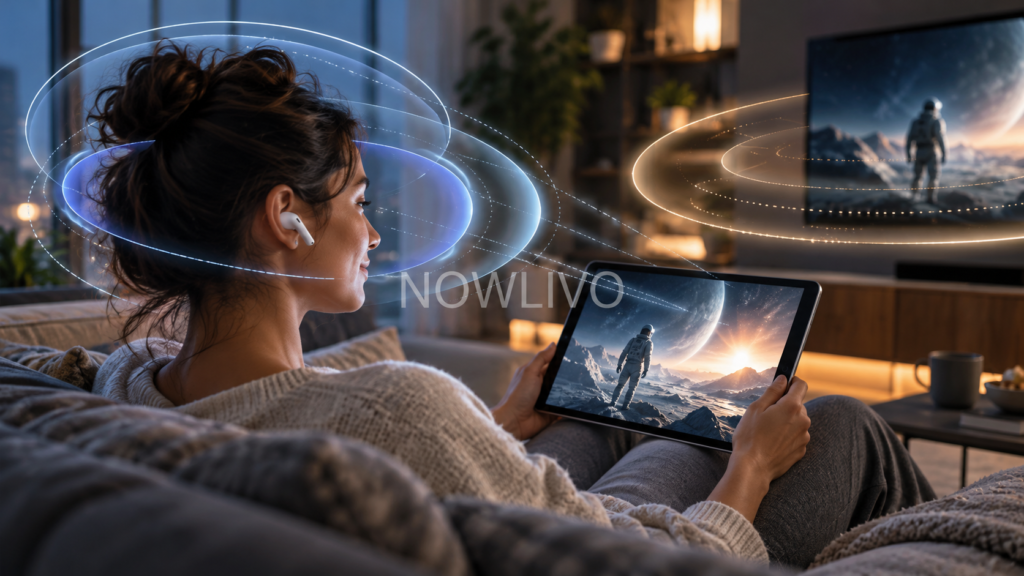 Listener wearing earbuds with illustrated sound rings around a tablet