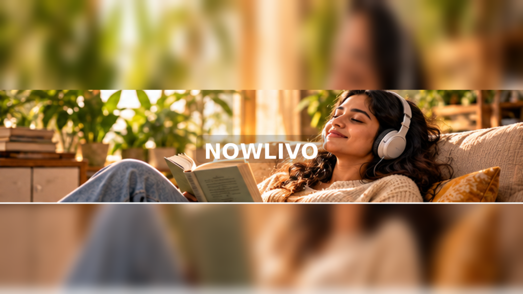 Woman listening through headphones while reading at home with a centered NOWLIVO watermark