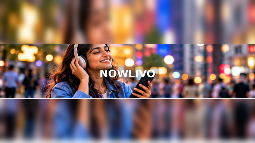 Woman wearing headphones in a lively city street with a centered NOWLIVO watermark