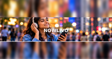 Woman wearing headphones in a lively city street with a centered NOWLIVO watermark
