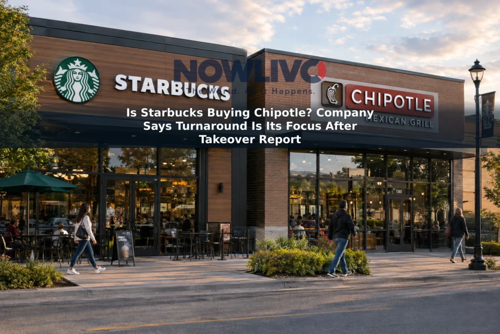Separate Starbucks and Chipotle storefronts pictured side by side in an editorial composite.