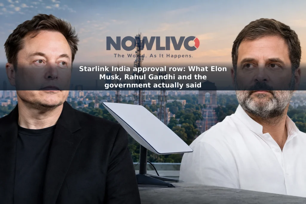 Editorial composite of Elon Musk and Rahul Gandhi beside satellite internet equipment and telecommunications infrastructure in New Delhi.