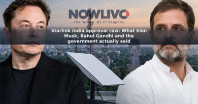 Editorial composite of Elon Musk and Rahul Gandhi beside satellite internet equipment and telecommunications infrastructure in New Delhi.