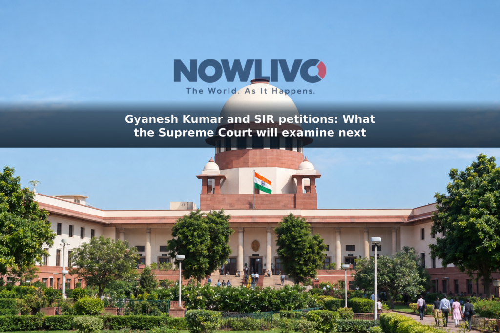 Daytime view of the Supreme Court of India building in New Delhi, with visitors outside.