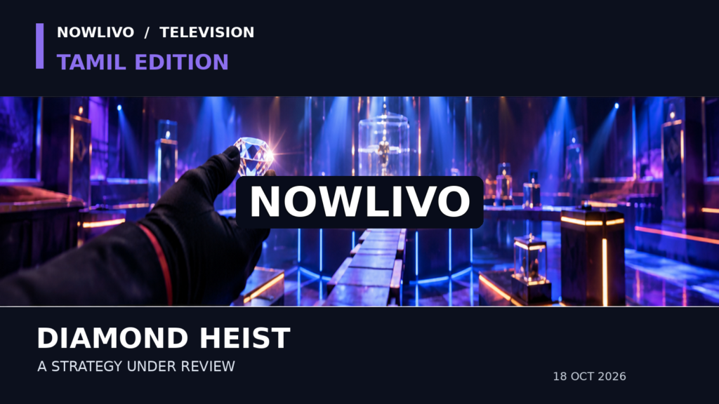 Conceptual editorial illustration of a gloved hand holding a sparkling diamond inside a blue-purple game-show vault; not an actual Bigg Boss Tamil episode still.