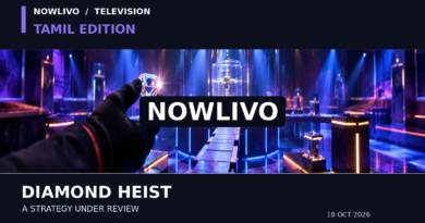 Conceptual editorial illustration of a gloved hand holding a sparkling diamond inside a blue-purple game-show vault; not an actual Bigg Boss Tamil episode still.