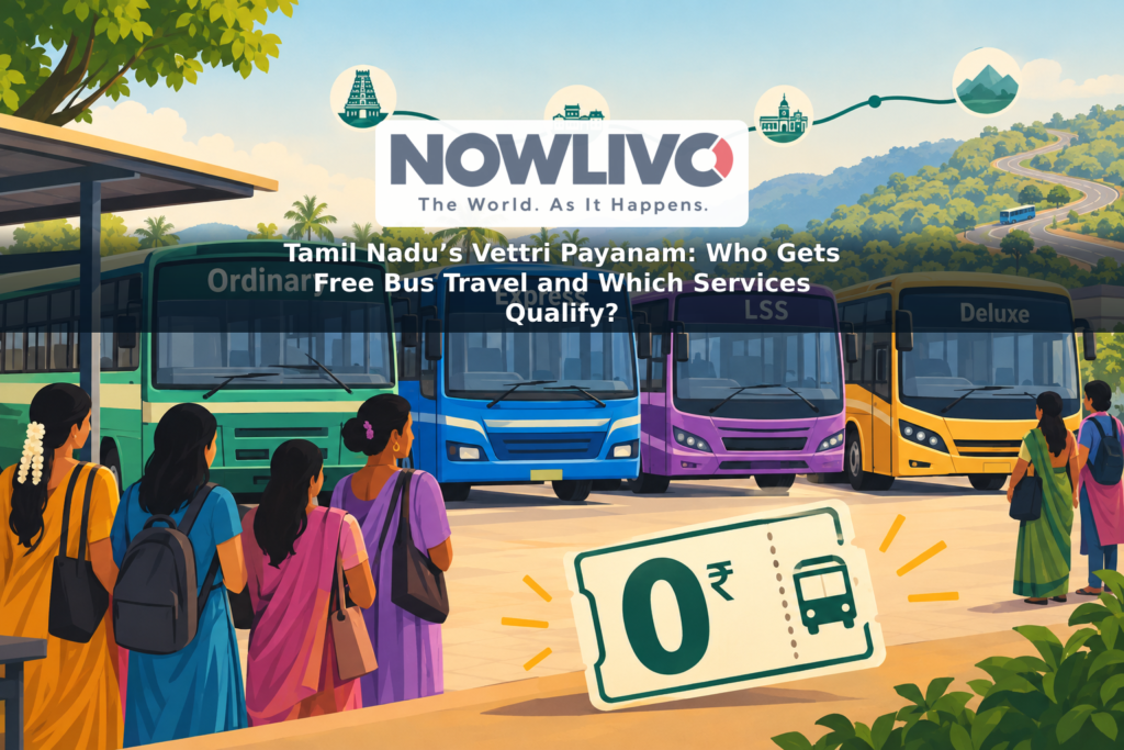 Conceptual illustration of passengers at a Tamil Nadu bus stop with buses representing the service categories covered by expanded free travel.