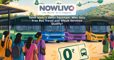 Conceptual illustration of passengers at a Tamil Nadu bus stop with buses representing the service categories covered by expanded free travel.