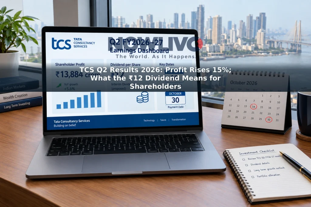 Investor’s desk with a laptop showing TCS quarterly profit and ₹12-per-share dividend figures beside a calendar.