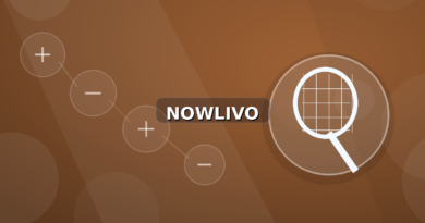 Colourful editorial illustration showing racket symbolism for tennis and connected topics, with centred NOWLIVO watermark.
