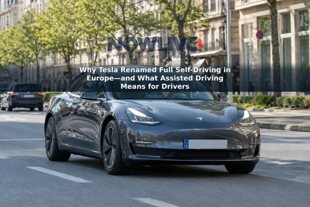 A Tesla car travels along a European street with an attentive driver at the wheel.