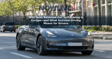 A Tesla car travels along a European street with an attentive driver at the wheel.