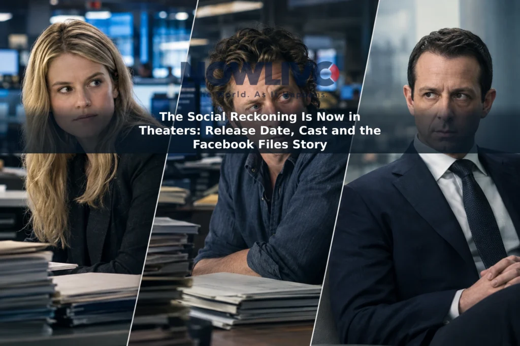 Illustrative film key art showing Mikey Madison, Jeremy Allen White and Jeremy Strong against newsroom and corporate-office backdrops.