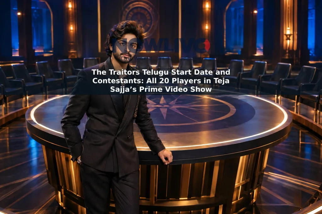 Staged promotional-style image of Teja Sajja beside a circular game table surrounded by empty chairs