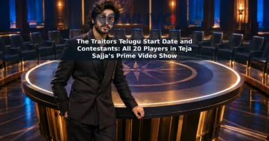 Staged promotional-style image of Teja Sajja beside a circular game table surrounded by empty chairs