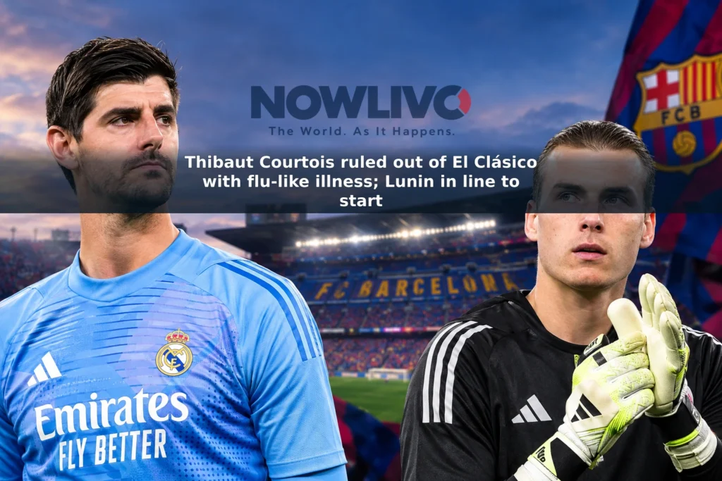 Editorial composite of Thibaut Courtois and Andriy Lunin with Camp Nou in the background ahead of Real Madrid’s match against Barcelona.