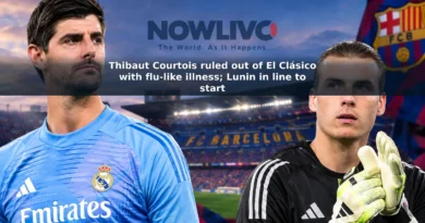 Editorial composite of Thibaut Courtois and Andriy Lunin with Camp Nou in the background ahead of Real Madrid’s match against Barcelona.
