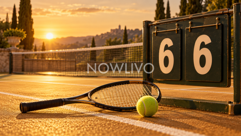 Tennis racket and ball beside a scoreboard showing six games all
