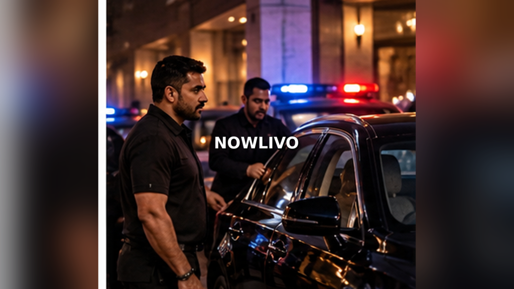 Editorial illustration of private security around a vehicle at night