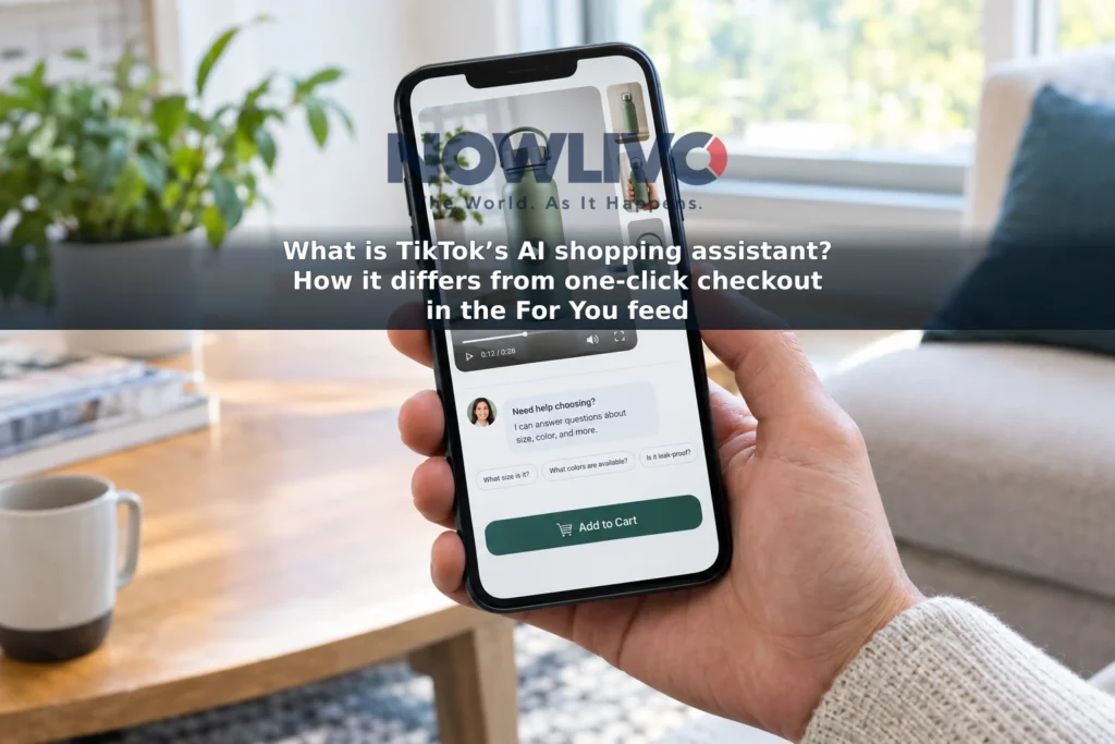 Hand holding a phone displaying an illustrative short-video shopping feed with a product-help chat and purchase button.