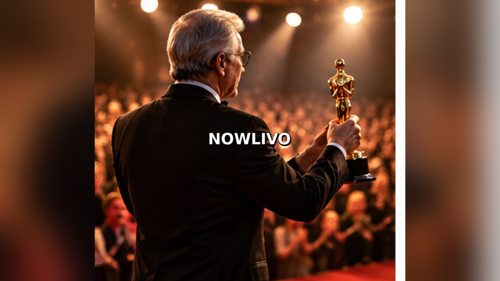 Editorial illustration of an actor holding a trophy in front of a Hollywood audience