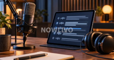 Studio microphone beside a tablet showing transcript-like lines
