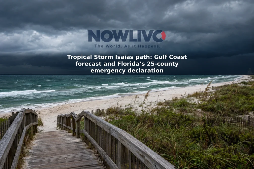 Dark storm clouds over wind-ruffled Gulf waters beside a Florida Panhandle beach access.