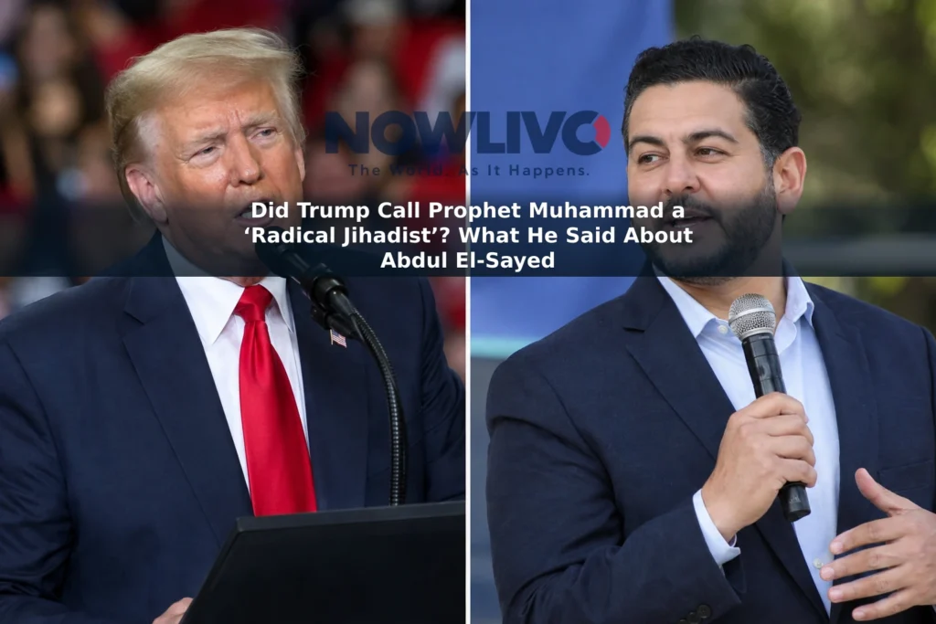 Editorial-style split portrait of Donald Trump and Michigan Senate candidate Abdul El-Sayed in separate campaign settings.