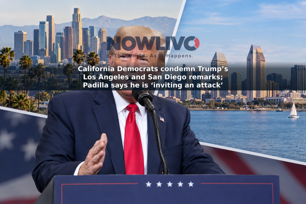 Editorial composite depicting Donald Trump at a rally podium alongside views of Los Angeles and San Diego.