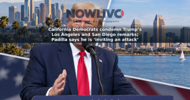 Editorial composite depicting Donald Trump at a rally podium alongside views of Los Angeles and San Diego.