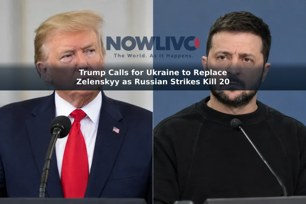 Editorial split-screen image showing Donald Trump and Volodymyr Zelenskyy separately at press podiums.