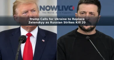 Editorial split-screen image showing Donald Trump and Volodymyr Zelenskyy separately at press podiums.